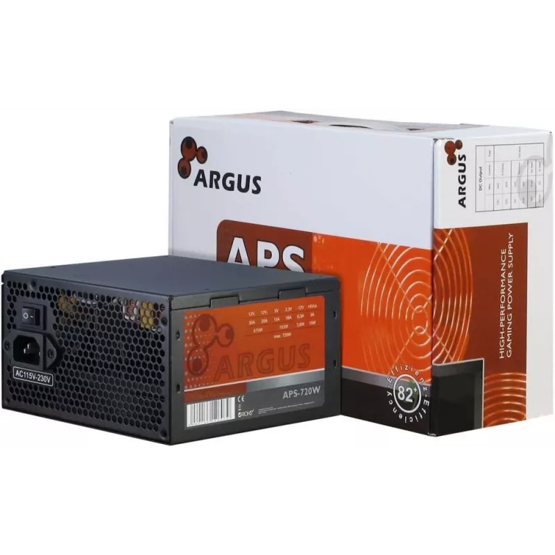 INTER TECH Argus APS-720W - Maitinimo blokai (115-230 V, 20+4 kontaktų ATX, 47-63 Hz, 12V1,+12V2,+3.3V,+5V,+5Vsb,12V, Aktyvus, ATX, Juoda)