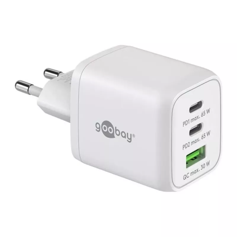 USB-C Fast Charger Nano, PD, GaN, 65 vatų (balta, 1x USB-A, 2x USB-C PD, Charge 3.0)