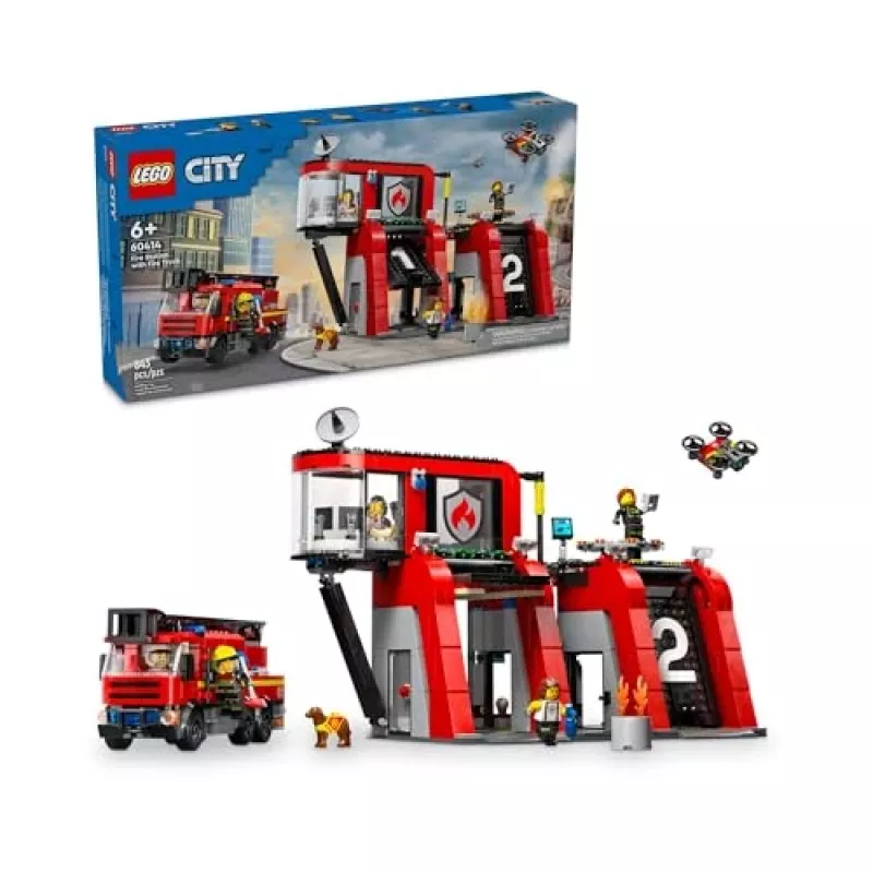 Konstruktorius LEGO City gaisrinė su sukiojamų kopėčių automobiliu 60414 — 843 detalės, 5 minifigūrėlės, 220×320×140 mm