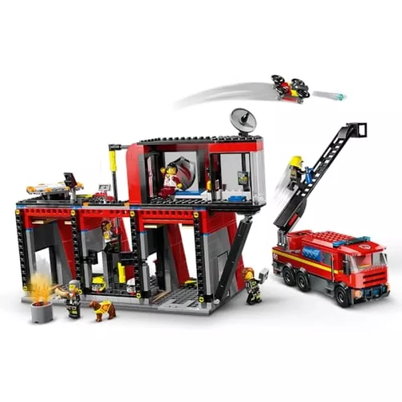 Konstruktorius LEGO City gaisrinė su sukiojamų kopėčių automobiliu 60414 — 843 detalės, 5 minifigūrėlės, 220×320×140 mm
