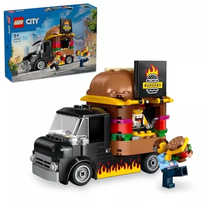 LEGO City Burger Van – maisto sunkvežimio žaislas 5 metų ir vyresniems berniukams ir mergaitėms, transporto priemonės konstravimo rinkinys su virtuvės komplektu, pardavėjo minifigūrėle ir aksesuarais