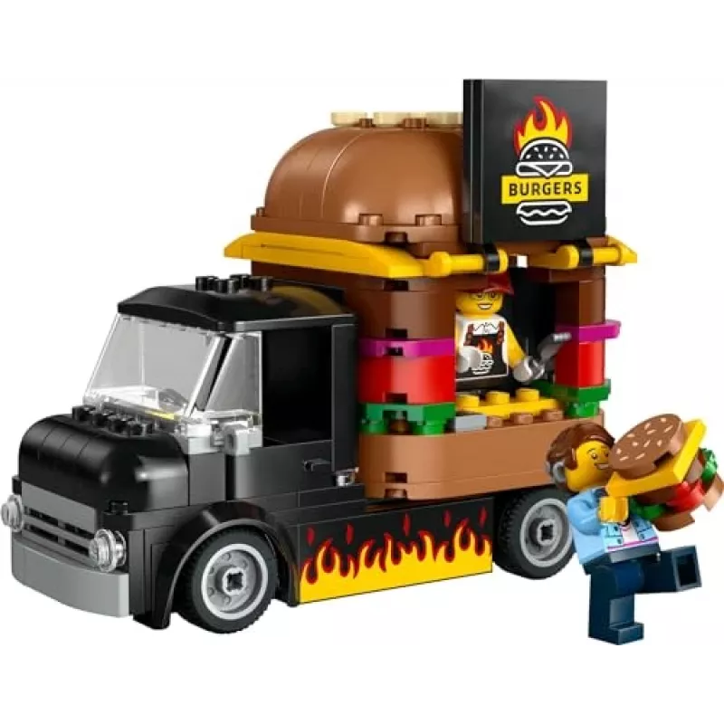 LEGO City Burger Van – maisto sunkvežimio žaislas 5 metų ir vyresniems berniukams ir mergaitėms, transporto priemonės konstravimo rinkinys su virtuvės komplektu, pardavėjo minifigūrėle ir aksesuarais