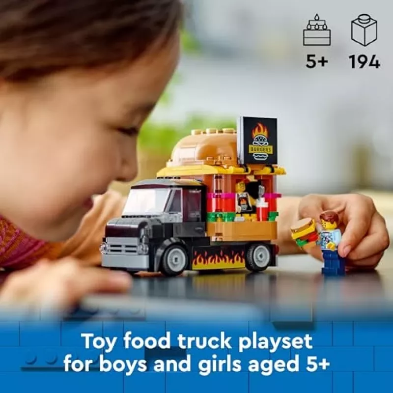 LEGO City Burger Van – maisto sunkvežimio žaislas 5 metų ir vyresniems berniukams ir mergaitėms, transporto priemonės konstravimo rinkinys su virtuvės komplektu, pardavėjo minifigūrėle ir aksesuarais