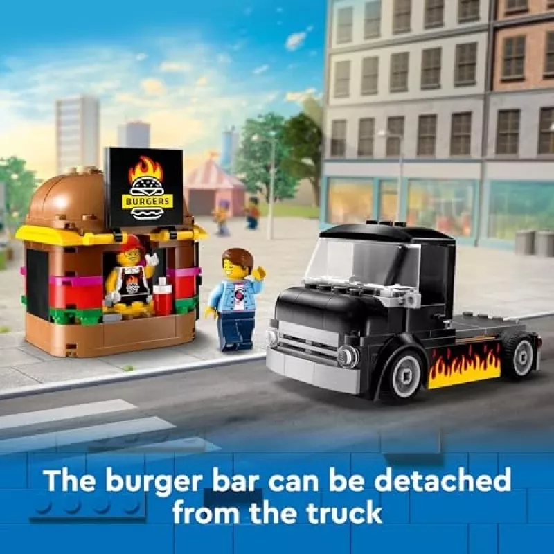 LEGO City Burger Van – maisto sunkvežimio žaislas 5 metų ir vyresniems berniukams ir mergaitėms, transporto priemonės konstravimo rinkinys su virtuvės komplektu, pardavėjo minifigūrėle ir aksesuarais