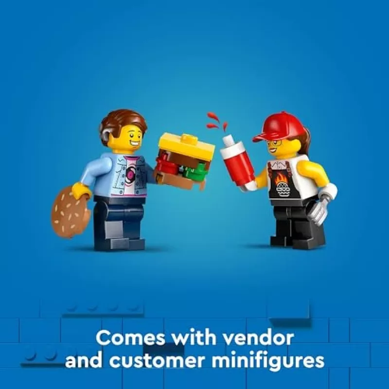 LEGO City Burger Van – maisto sunkvežimio žaislas 5 metų ir vyresniems berniukams ir mergaitėms, transporto priemonės konstravimo rinkinys su virtuvės komplektu, pardavėjo minifigūrėle ir aksesuarais