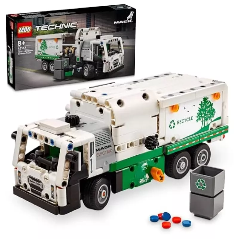 Konstruktorius LEGO Technic Mack LR elektrinis šiukšliavežis 42167 — 503 detalės, motorizuotas, dydis 230×80×90 mm