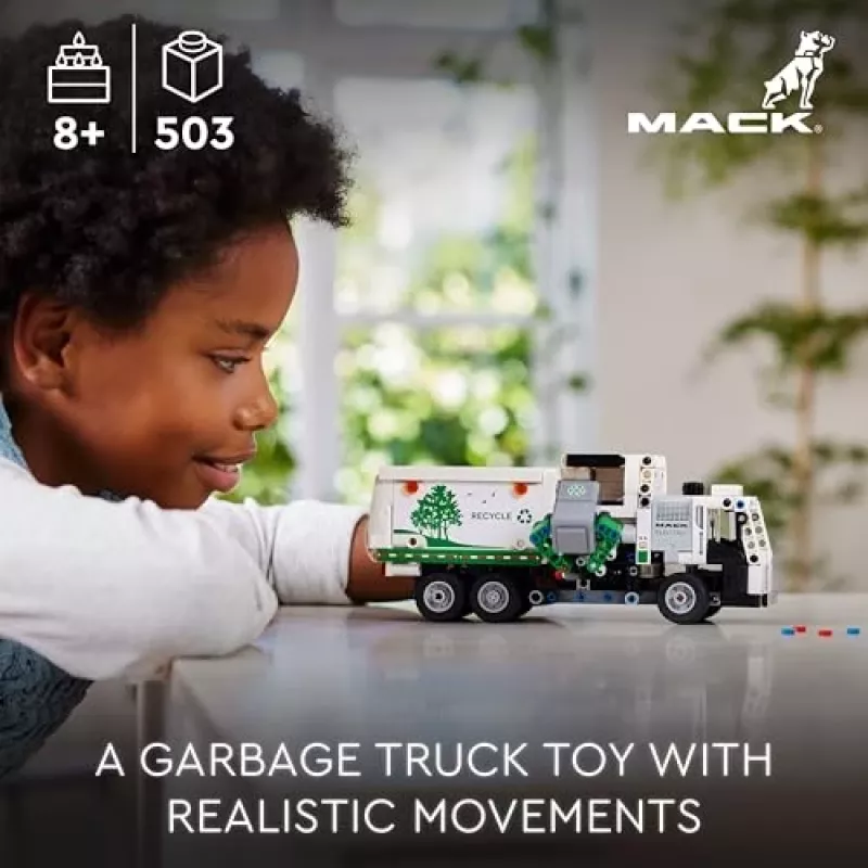 Konstruktorius LEGO Technic Mack LR elektrinis šiukšliavežis 42167 — 503 detalės, motorizuotas, dydis 230×80×90 mm