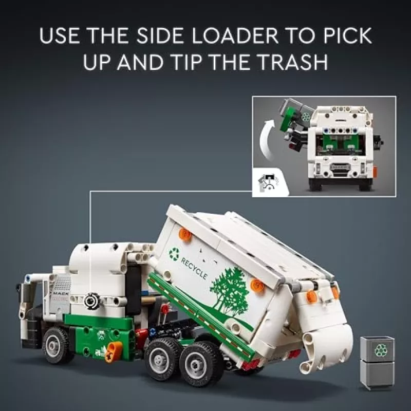 Konstruktorius LEGO Technic Mack LR elektrinis šiukšliavežis 42167 — 503 detalės, motorizuotas, dydis 230×80×90 mm