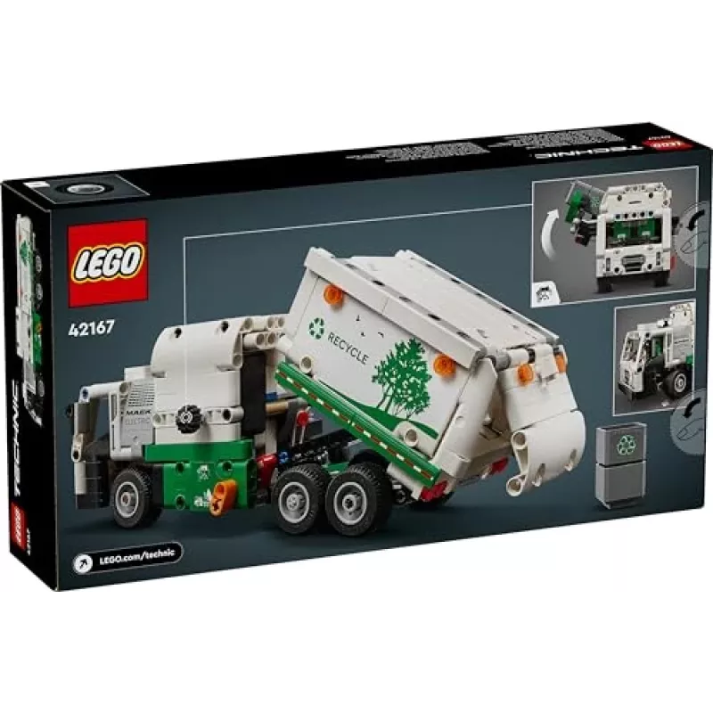 Konstruktorius LEGO Technic Mack LR elektrinis šiukšliavežis 42167 — 503 detalės, motorizuotas, dydis 230×80×90 mm