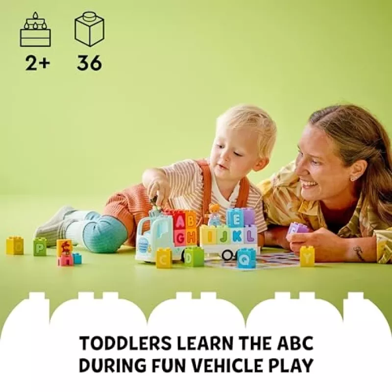 Konstruktorius LEGO DUPLO 10421 ABC sunkvežimis, 36 dalys, 2 minifigūrėlės, nuo 2 metų, matmenys 110×140×70 mm