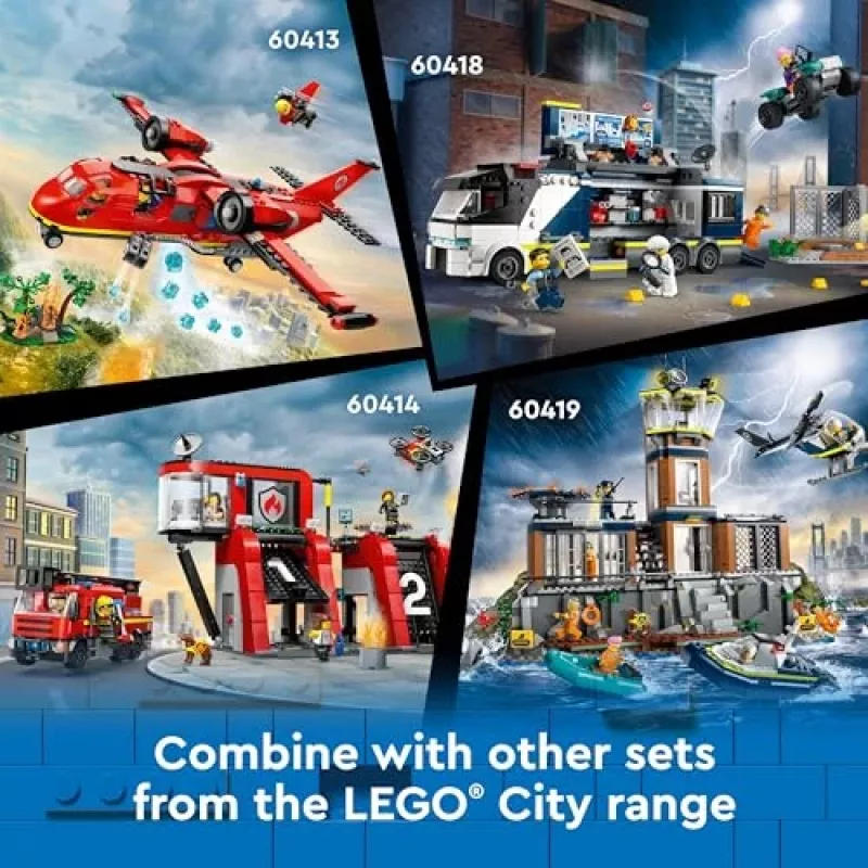 “LEGO City” policijos nuovados ir kalėjimo salos konstrukcinis žaislas 60419 — 980 dalių, 7 minifigūrėlės, 370×400×160 mm