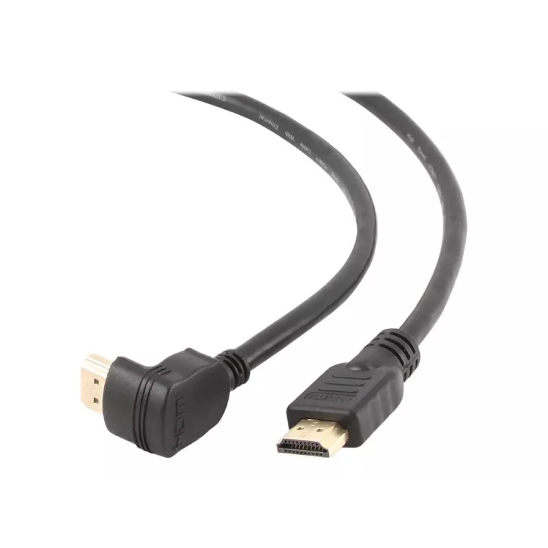 HDMI v2.0 90 laipsnių vyriškas į tiesų vyrišką jungtį kabelis, 19 kontaktų auksu padengtos jungtys, 1,8 m, didmeninė pakuotė