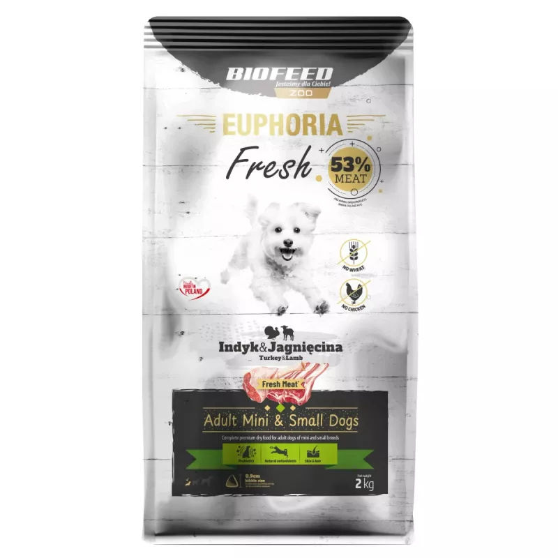 Sausas šunų maistas BIOFEED Euphoria Fresh Adult Mini & Small kalakutiena su aviena 2 kg, 28% baltymų, 15% riebalų