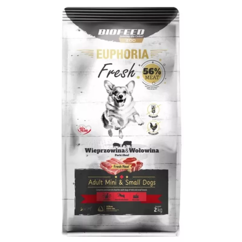 Sausas šunų maistas BIOFEED Euphoria Fresh Adult Mini & Small kiauliena su jautiena 2 kg, baltymai 28%, riebalai 15%