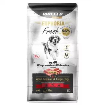 Sausas šunų maistas BIOFEED Euphoria Fresh Adult Medium & Large kiauliena su jautiena 2 kg, 28% baltymų, 15% riebalų, be glitimo ir sojos