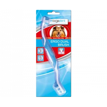 Dvipusis šunų dantų šepetėlis Bogar Bogadent Ergo dual brush Mini — kompaktiškas dvigubos galvutės šepetėlis mažiems šunims (5–10 kg, 120 g)