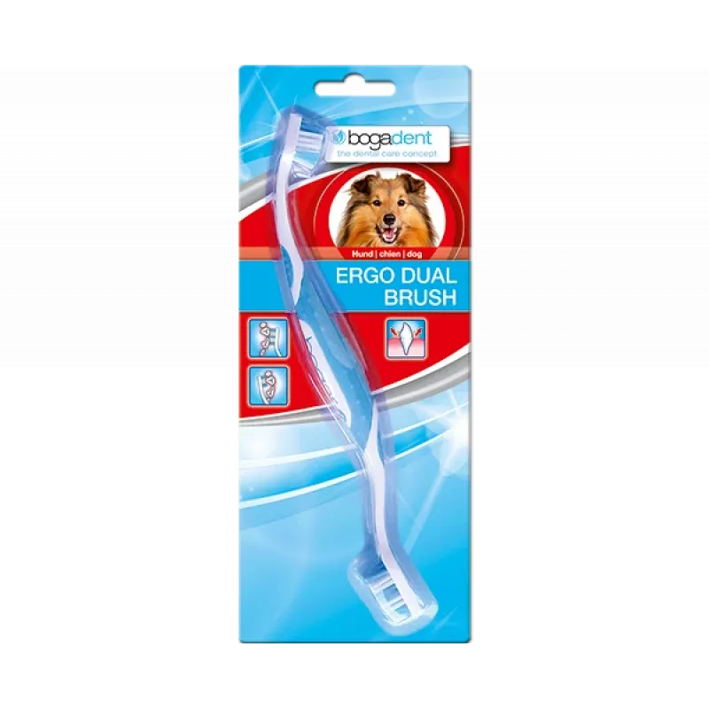 Dvipusis šunų dantų šepetėlis Bogar Bogadent Ergo dual brush Mini — kompaktiškas dvigubos galvutės šepetėlis mažiems šunims (5–10 kg, 120 g)