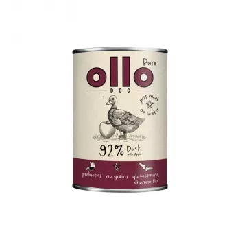 Šlapias šunų ėdalas OLLO Pure Duck su obuoliais 850 g — visavertis suaugusių šunų maistas, be grūdų ir sojos