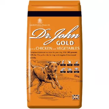 Sausas šunų maistas Dr. John Gold Chicken 15 kg maišas — Suaugusiems šunims, 20 % baltymų, 9 % riebalų, sąnarių palaikymas