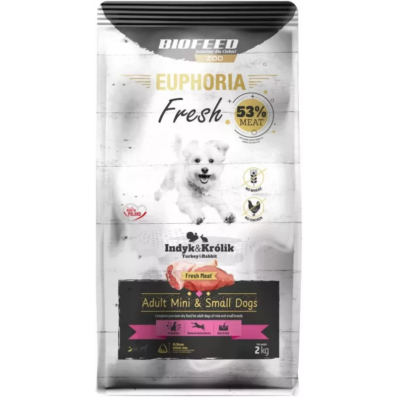 Sausas šunų maistas BIOFEED Euphoria Fresh Adult Mini & Small — kalakutiena su triušiena, 2 kg, 28% baltymų, 15% riebalų, be glitimo