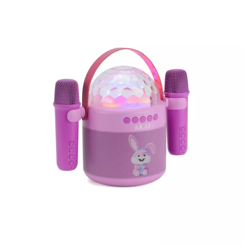 AKAI JoyBox Kids Karaoke rinkinys su Bluetooth, USB, MicroSD, AUX, FM radiju, RGB šviesomis, balso keitikliu, laidiniu mikrofonu, įkraunama 1200 mAh baterija, 5W RMS