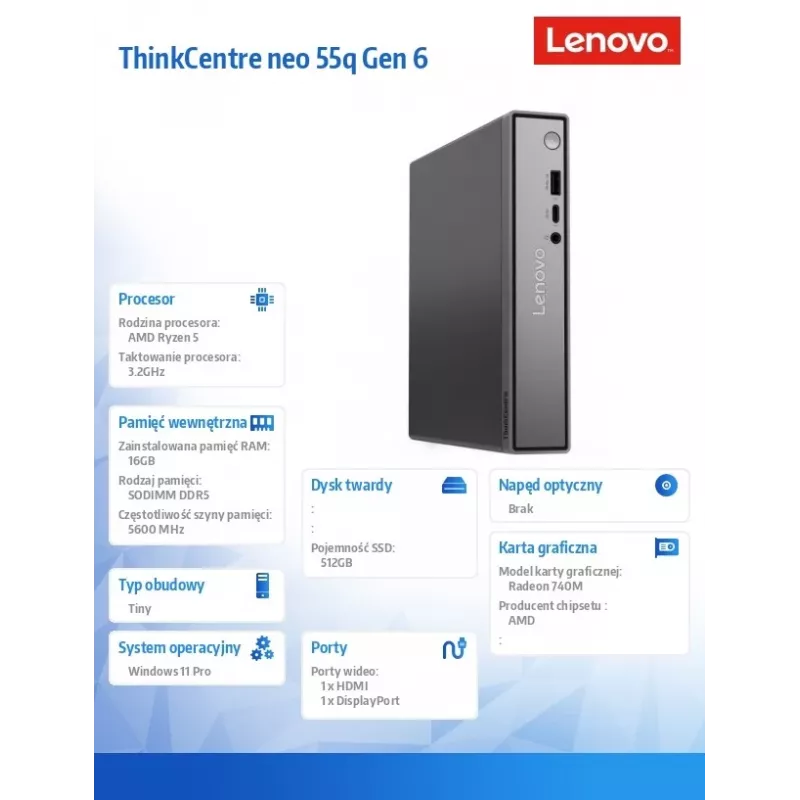 Lenovo ThinkCentre Neo 55q Tiny G6 Mini PC, AMD Ryzen 5, 16GB RAM, 512GB SSD, Windows 11 Pro, Juoda