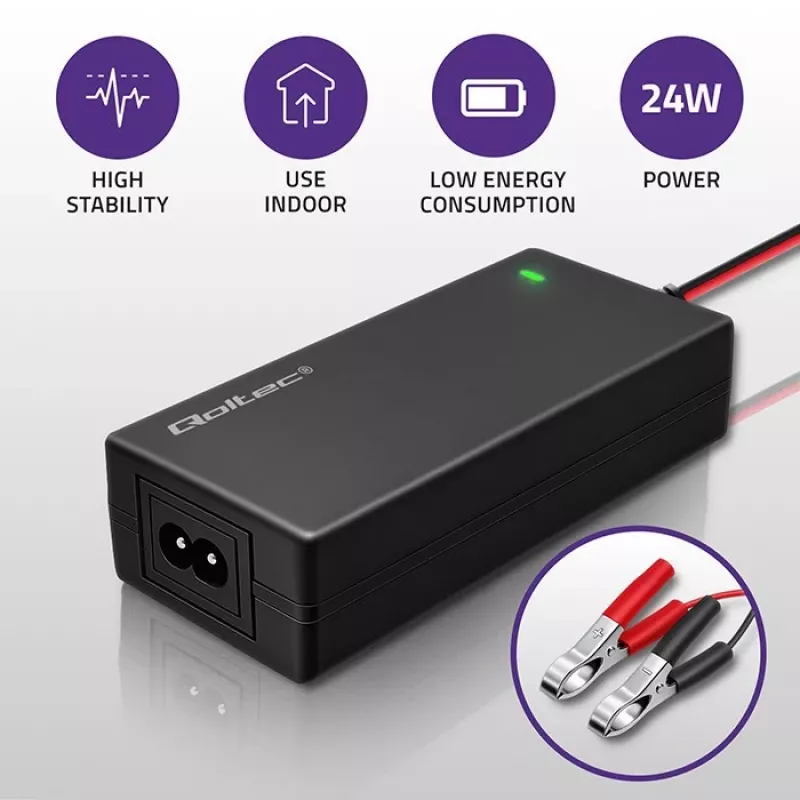 Qoltec automatinis akumuliatoriaus įkroviklis AGM GEL STD | Lygintuvas 12V | 2A | 24W | LED | Laidas 1,8 m