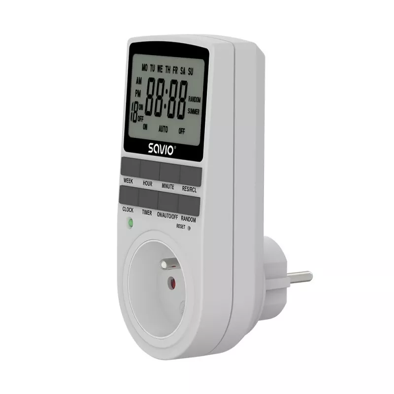 SAVIO AE-03 skaitmeninis laikmatis su LCD ekranu, 10 programų, 16A, Schuko kištukas, baltas