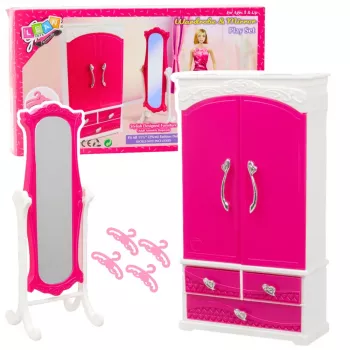 LEAN TOYS Lėlių baldų komplektas Spinta Veidrodis Pakabos Rožinė