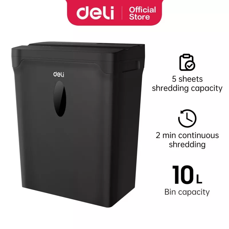 DELI ET014 Skersinio pjovimo popieriaus smulkintuvas, 10 lapų, P-4 saugumas, 21L krepšys, juodas