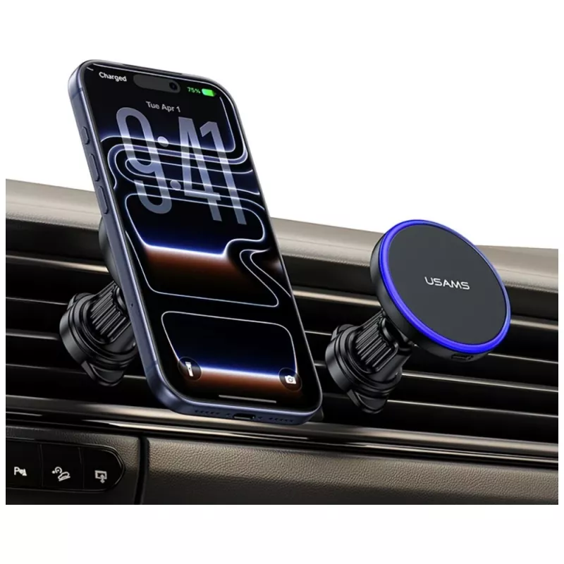USAMS Magnetinis laikiklis automobilio ventiliacijos grotelėms išmaniesiems telefonams, 360° sukimasis, juodos spalvos