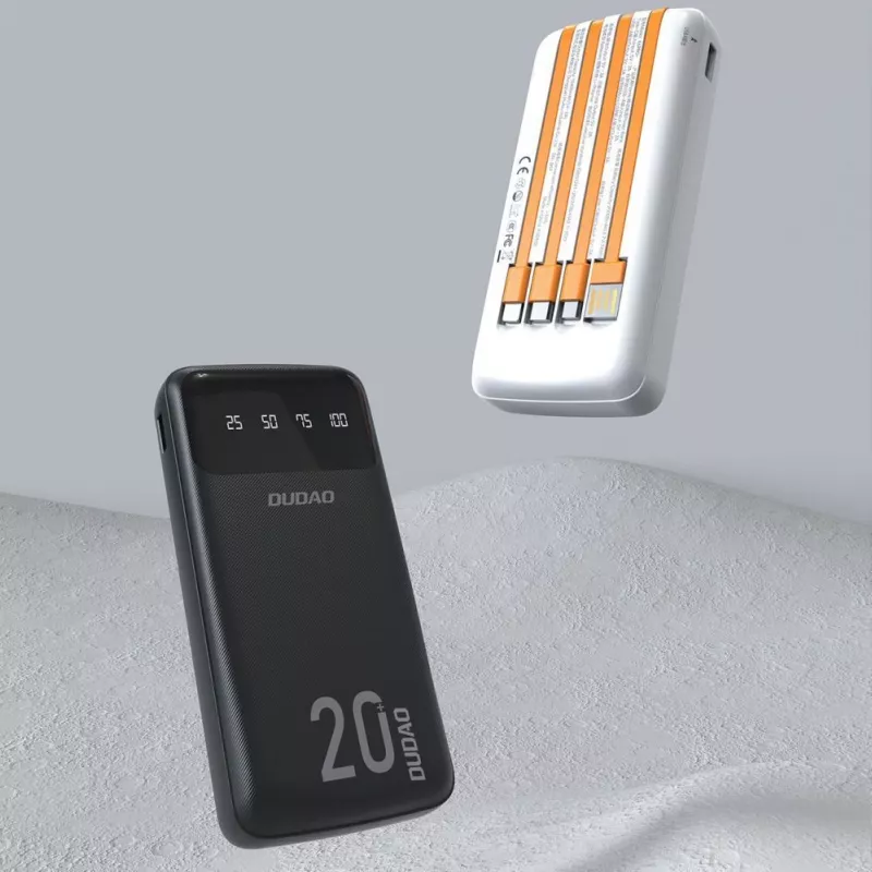 Dudao K6Pro+ Power Bank 20000mAh su 4 įmontuotais kabeliais USB-C Micro USB Lightning USB-A įvestis Juoda