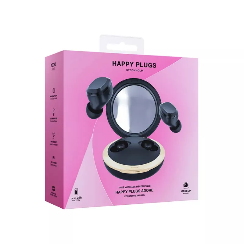 Happy Plugs Adore belaidės ausinės su veidrodėliu įkrovimo dėkle (juodos)