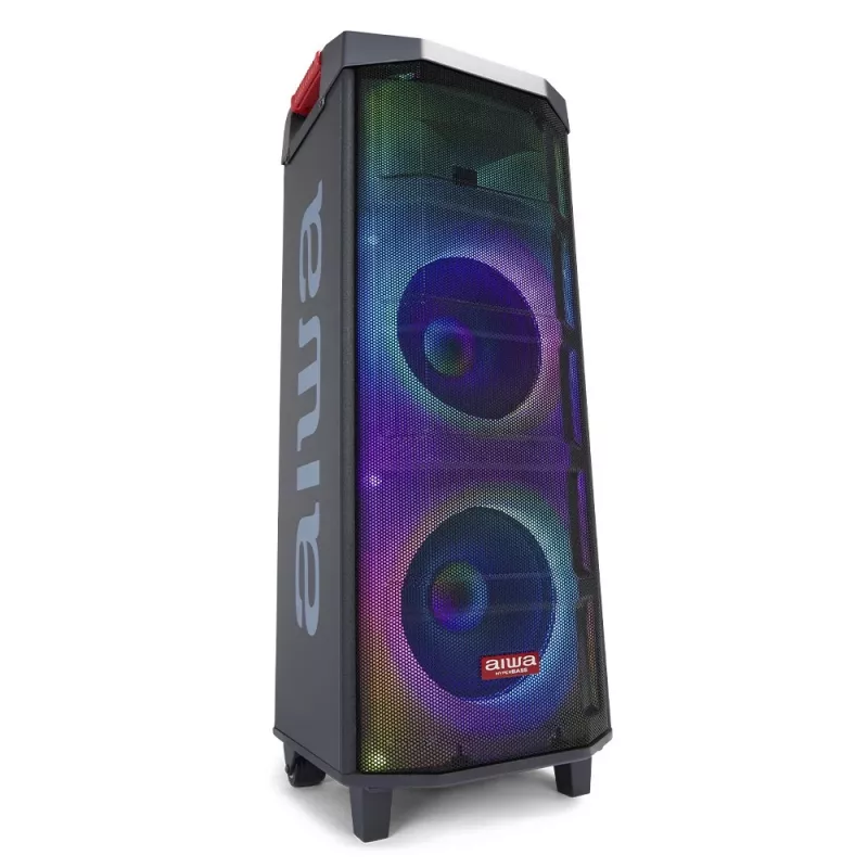 AIWA Power Audio Speaker KBTUS-710MKII 700W nešiojamas vakarėlių garsiakalbis su Bluetooth, USB, SD, AUX, FM radiju, LED apšvietimu, vežimėlio rankena, ratais, nuotolinio valdymo pultu, mikrofonu