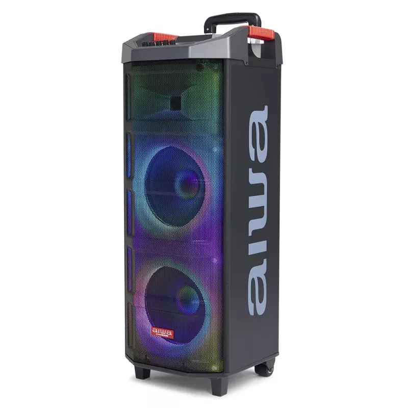 AIWA Power Audio Speaker KBTUS-710MKII 700W nešiojamas vakarėlių garsiakalbis su Bluetooth, USB, SD, AUX, FM radiju, LED apšvietimu, vežimėlio rankena, ratais, nuotolinio valdymo pultu, mikrofonu