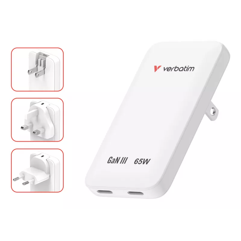 Verbatim Slim GaN Charger 2 prievadų 65W (EU/UK/US) baltas
