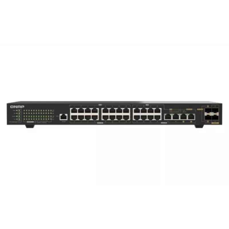 QNAP QSW-M2130P-2C2S26T 26 prievadų 2.5GbE PoE++ valdomas 2 lygio stelažinis komutatorius su 2x 10GbE SFP+ ir 2x 10GbE kombinuotais prievadais, 370W PoE biudžetas