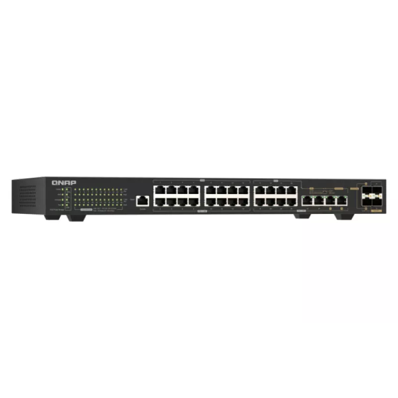QNAP QSW-M2130P-2C2S26T 26 prievadų 2.5GbE PoE++ valdomas 2 lygio stelažinis komutatorius su 2x 10GbE SFP+ ir 2x 10GbE kombinuotais prievadais, 370W PoE biudžetas