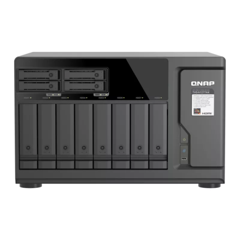 QNAP TVS-h1277AX-R5-16G 12 lizdų QuTS hero NAS, AMD EPYC 7232P 8 branduolių, 64GB DDR4 ECC, 2x25GbE SFP28, 2x2.5GbE, 12x U.2 NVMe/SATA SSD lizdai