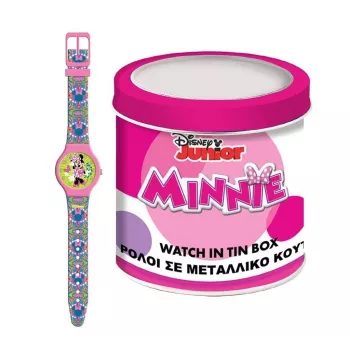 PULIO analoginis laikrodis skardinėje dėžutėje - Disney Minnie Mouse, rožinis PU odos dirželis, kvarcinis mechanizmas, 30mm metalo lydinio korpusas, atsparus vandeniui, mergaitėms nuo 6 metų