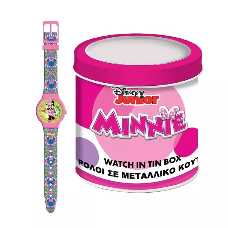 PULIO analoginis laikrodis skardinėje dėžutėje - Disney Minnie Mouse, rožinis PU odos dirželis, kvarcinis mechanizmas, 30mm metalo lydinio korpusas, atsparus vandeniui, mergaitėms nuo 6 metų
