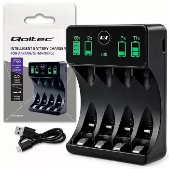 Qoltec NiMH/NiCd akumuliatorių įkroviklis, skirtas AA, AAA, C, D, 9V, su LCD ekranu ir USB-C laidu - juodos spalvos