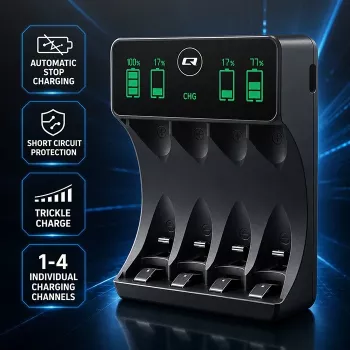 Qoltec NiMH/NiCd akumuliatorių įkroviklis, skirtas AA, AAA, C, D, 9V, su LCD ekranu ir USB-C laidu - juodos spalvos