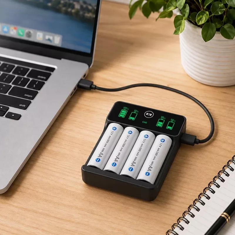 Qoltec NiMH/NiCd akumuliatorių įkroviklis, skirtas AA, AAA, C, D, 9V, su LCD ekranu ir USB-C laidu - juodos spalvos