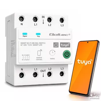 Qoltec trifazis 63A išmanusis Wi-Fi automatinis jungiklis 4P (3P+N) DIN bėgiui | Laikmatis | Tuya | Smart Life | Amazon Alexa