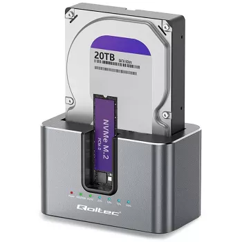 Qoltec 2in1 HDD SSD prijungimo stotelė SATA M.2 NVMe su klonavimu, USB-C 3.2 Gen 2, 10Gbps, iki 28TB, aliuminio