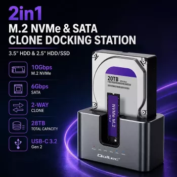 Qoltec 2in1 HDD SSD prijungimo stotelė SATA M.2 NVMe su klonavimu, USB-C 3.2 Gen 2, 10Gbps, iki 28TB, aliuminio