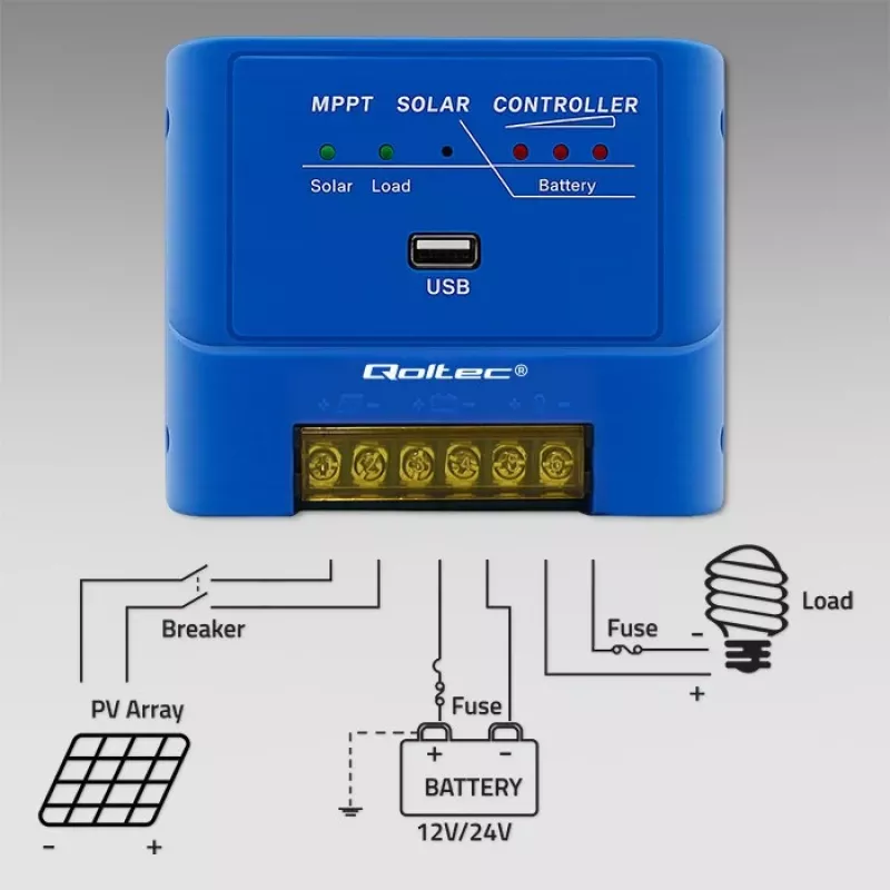 QOLTEC MPPT 15A saulės įkrovimo valdiklis 12V/24V, skirtas LiFePO4, gelio, AGM, užtvindytiems, sandariems švino-rūgšties akumuliatoriams su LCD ir RS485