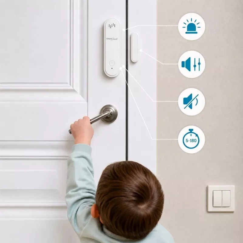 GREENBLUE GB478 belaidis WiFi durų/langų jutiklis – išmanus magnetinis kontaktas, Tuya ir Gosund programėlė, Alexa/Google, maitinamas baterija, baltas