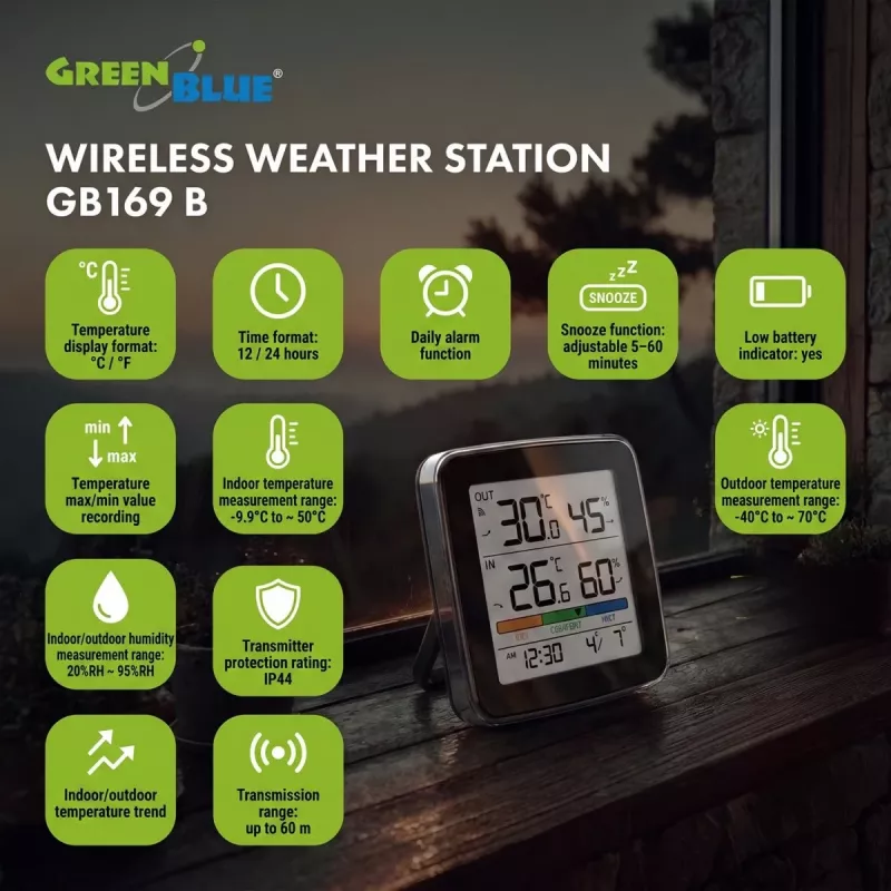 GREENBLUE GB169 B Belaidė orų stotis su spalvotu ekranu ir lauko jutikliu